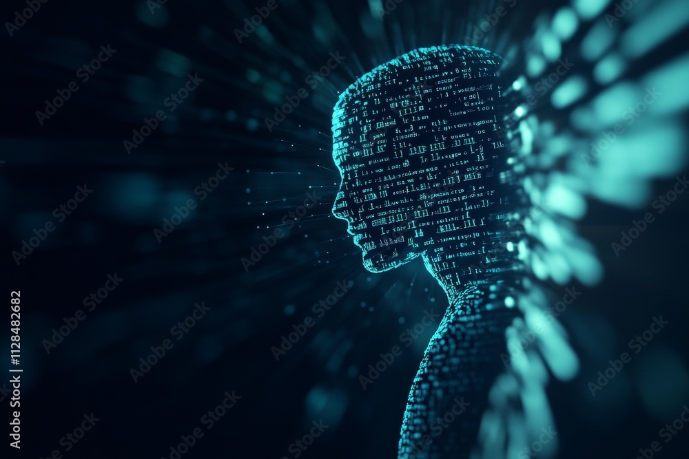 Poster digital silhouette of a human head in binary code light