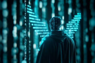 Male figure in digital matrix environment with binary code