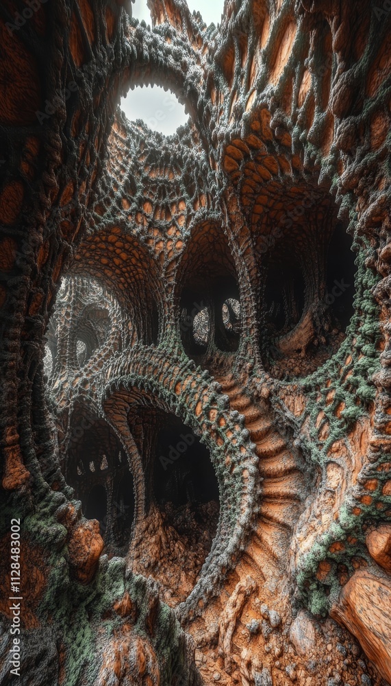 Fototapete abstract fractal architecture intricate organic structures with swirling staircase, digital art
