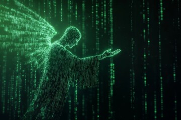 Digital matrix angel with outstretched hand and code wings in green glow