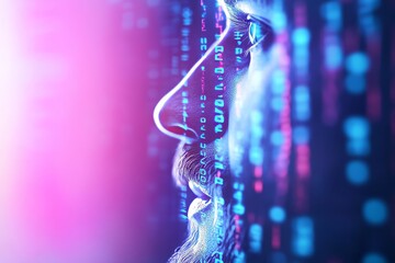 Futuristic profile of young caucasian male with digital overlay and neon lights