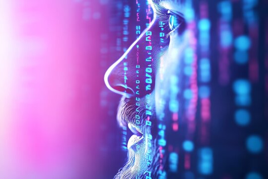 Futuristic profile of young caucasian male with digital overlay and neon lights