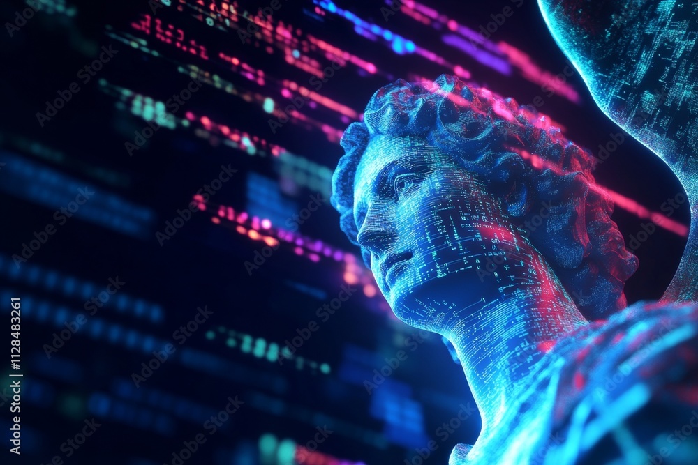 Poster digital transformation of classical sculpture with neon code overlay