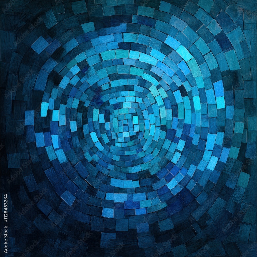 Poster abstract mosaic artwork with concentric blue tiles creating a hypnotic circular pattern, ai