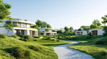 Fototapeta premium Futuristic eco village with modern homes surrounded by lush greenery