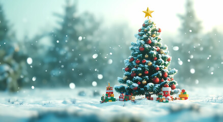 Christmas tree adorned with a golden star and colorful decorations stands in the snow. Beautiful winter Christmas for template, postcard with copy space