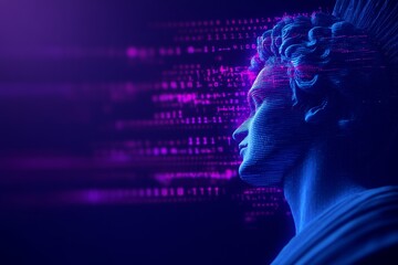 Digital concepts and classical sculpture with purple binary elements