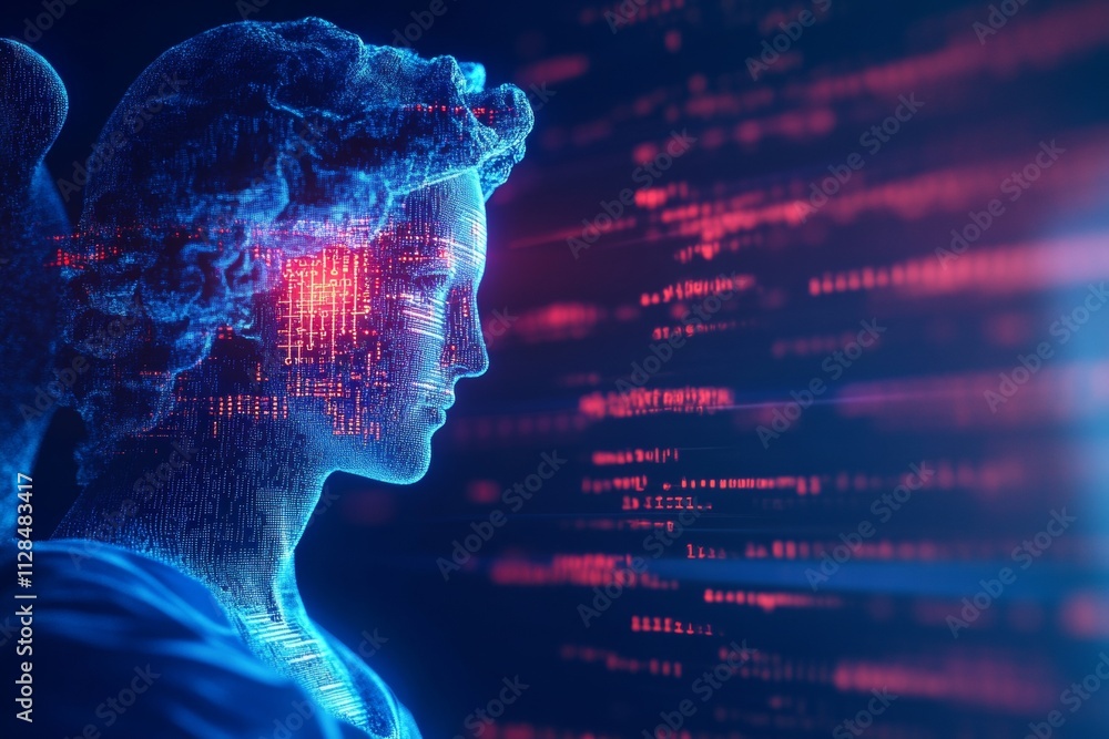 Poster digital angel with futuristic code elements in profile view