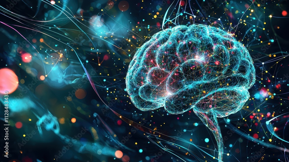 Poster futuristic brain illustration representing ai-powered predictive analytics and cutting-edge technolo