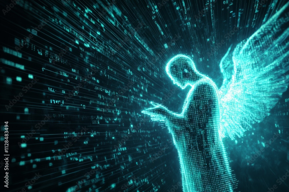 Poster digital angel: glowing figure with wings in matrix-inspired neon data stream