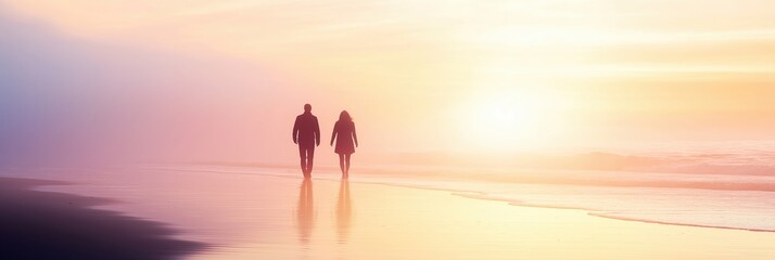 Fototapeta premium A couple walking hand in hand on a serene beach during a sunset, with the sun casting a warm glow over the waves and creating a peaceful atmosphere.