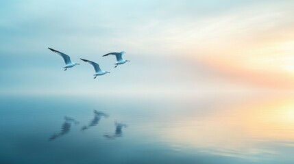 Obraz premium Group of seagulls soaring above a tranquil ocean, soft reflections on the water, peaceful and serene coastal scene