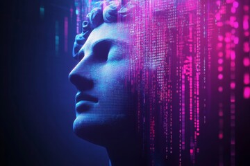 Neon digital art of classical sculpture with futuristic cyber interface