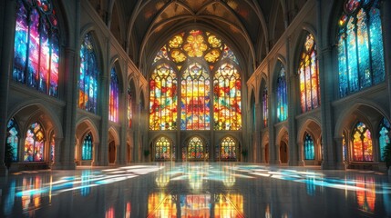 Obraz premium Majestic cathedral interior with vibrant stained glass windows and reflective floor.