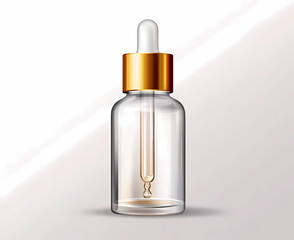 Naklejka premium Realistic glass bottle with a dropper, a golden cap, and a transparent liquid inside on a white background