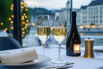 Obraz premium Elegant evening dining with champagne and candlelight by the river