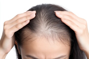 Fototapeta premium Asian female examining hair thinning on scalp