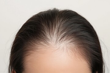 Asian female with thinning hair revealing scalp close-up