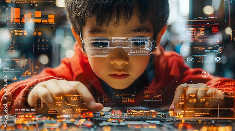 Poster young asian boy intently assembling toy train set guided by holographic schematics and blueprints ex