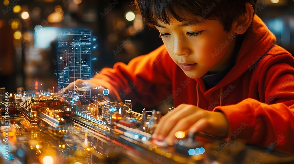 Poster an asian boy engrossed in constructing a toy train model with hologram guides floating nearby to ass
