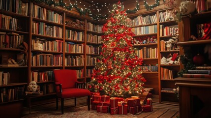 Red-themed book tree with vibrant decorations, cozy room with soft lighting, warm and inviting, festive and creative, holiday library setting