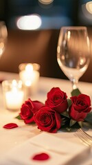 Obraz premium restaurant table decorated with red roses nd candles Elegant red roses in a serene setting