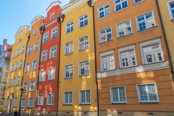 Beautiful colorful facades of buildings. Chlebnicka street. Gdansk, Poland.