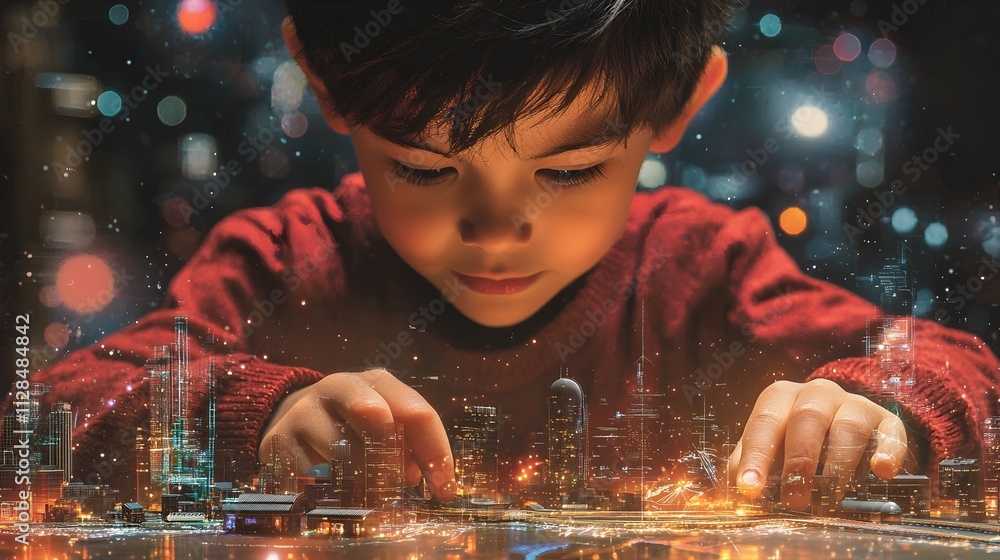 Poster young asian boy assembling a modern high tech model train set using holographic blueprints projected