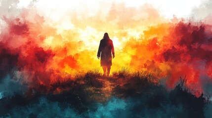Fototapeta premium jesus christ silhouette of a man walking digital watercolor painting