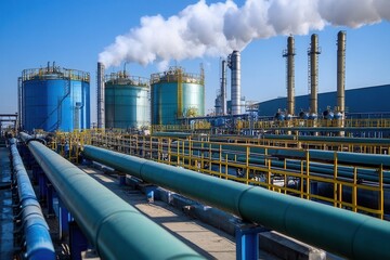 Large industrial plant with storage tanks and pipelines. Illustrates industrial processes, manufacturing, or energy production.
