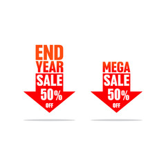 Red End Year Sale 50% Off badge sticker tag vector illustration. Holidays Mega Sale