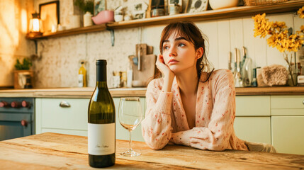Sad woman drinking wine alone at home in kitchen