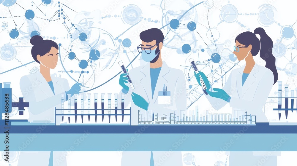 Poster healthcare professionals analyzing research data in a laboratory environment with graphs and charts