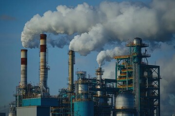 Industrial plant emitting thick smoke from tall chimneys. Illustrates pollution, manufacturing, and environmental impact.