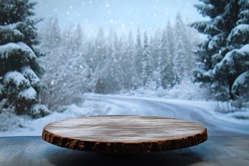 an empty table in the center, surrounded by snow-covered ground and forest, winter background