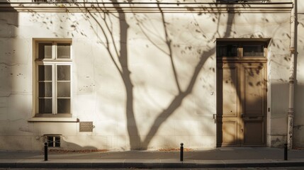 Tranquil Parisian street scene featuring a modern minimalist building, direct frontal view of a full wall with windows and doors, under warm, soft sunlight on a peaceful afternoon, no people present.