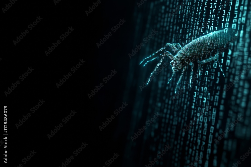 Poster cybersecurity threat: digital insect crawling on data code screen