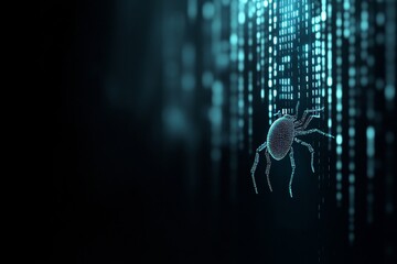 Digital cybersecurity concept with glowing spider on abstract matrix background