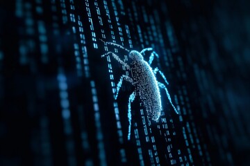 Digital insect on binary code: symbolizing cybersecurity threats and software bugs