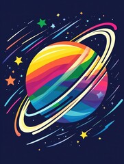 Modern cosmic illustration of a rainbow-colored planet with rings surrounded by shooting stars on a dark space background, perfect for posters, decor, and events with copy space..