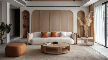 The living room design features a rattan sofa for multiple guests, a stylish round coffee table, a single sofa and a bench. Landscaped screens divide the space and a rug adds comfort to the space.