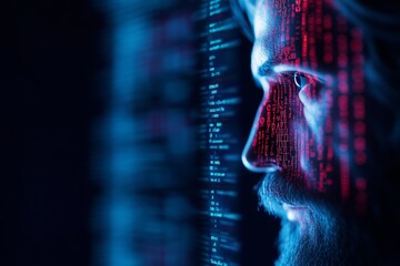 Caucasian male young adult encoded silhouette with digital data overlays in blue and red light