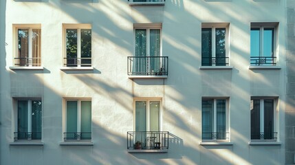 Obraz premium Parisian minimalist building, modern facade, full wall with windows and doors, sunny afternoon light, serene urban scene, no people visible.