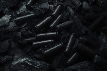 Assorted Dark Bullet Casings with Rough Textures and Metallic Sheen Spread Across a Surface in Dim Light