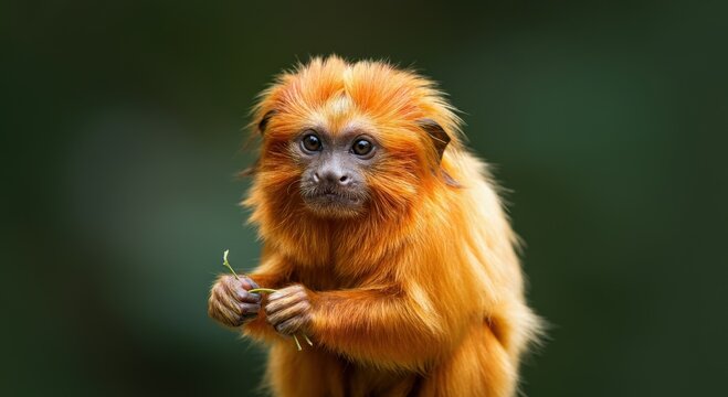Golden lion tamarin monkey with vivid orange fur in natural habitat