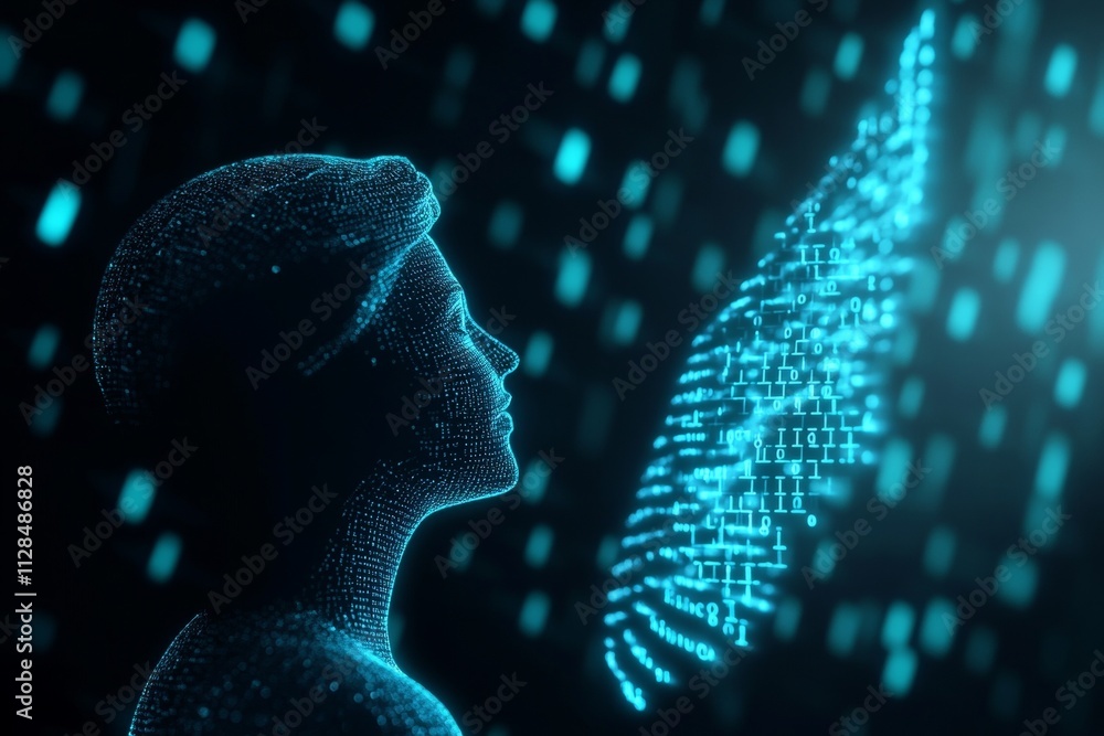 Poster futuristic digital art depicting a binary code human profile and butterfly