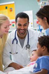 Fototapeta premium Friendly doctor examining baby patient with family in hospital room
