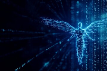 Digital angel with wings in futuristic cyber space