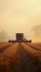 Fototapeta premium Harvesting golden fields during a misty morning, a combine harvester cuts through waves of ripe crops under soft, diffused light
