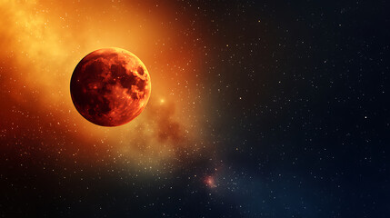 Obraz premium A dreamy cosmic setting with the Blood Moon at the center, surrounded by distant galaxies, stars, and swirling nebulae. 